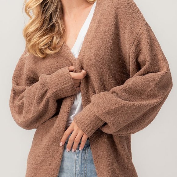 NEW Ultra Soft Bishop Sleeves Long Open Cozy Plush Sweater Cardigan Coco Brown - Picture 10 of 11